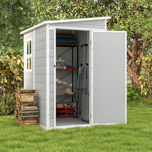 Patiowell 5x4 FT Outdoor Storage Shed with Floor, Resin Outside Storage Shed with Floor & Lockable & Window Door for Patio Furniture, Garden Tools and Bicycle, Light Gray by Patiowell