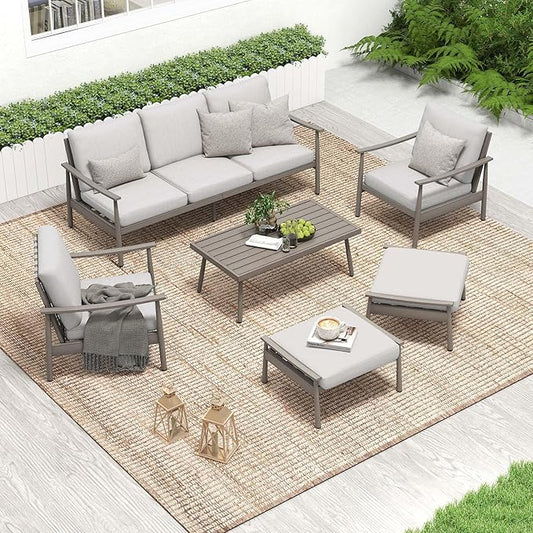 HAPPATIO Patio Outdoor Furniture Set - 6 Pieces Aluminum Outdoor Conversation Set with 1 Three-Seater Sofa, 1 Coffee Table, 2 Armchairs, and 2 Ottomans for Yard, Porch, and Deck (Grey)