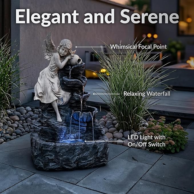 Sunnydaze Angel Falls 29-Inch Outdoor Solar Water Fountain - Outdoor Water Feature with LED Light for Garden, Patio, Yard or Balcony