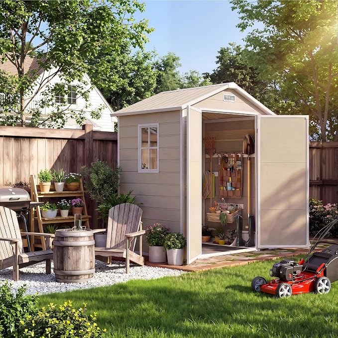 Resin Outdoor Storage Sheds 4x6 ft, Upgraded Double-Wall Outdoor Plastic Shed with Window & Double Doors, Waterproof Lockable Garden Shed (Light Brown, 6 X 4 ft) - Image 2