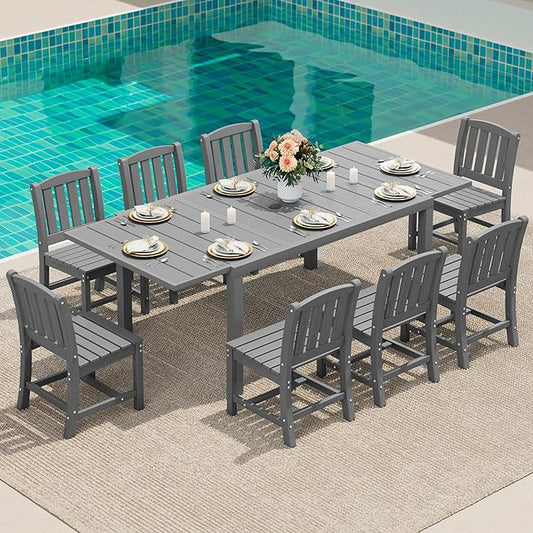 SERWALL 9-Piece Outdoor Dining Set, 60" - 83" Expandable Outdoor Dining Table and 8 HDPE Chairs, All Weather HDPE Outdoor Furniture Set for Backyard, Garden, Grey by SERWALL