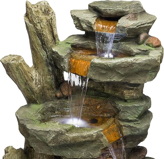 Alpine Corporation TZL292 Outdoor Floor Cascading Stone Tower Fountain, Garden Fountain with Natural Stone Look 40", Gray