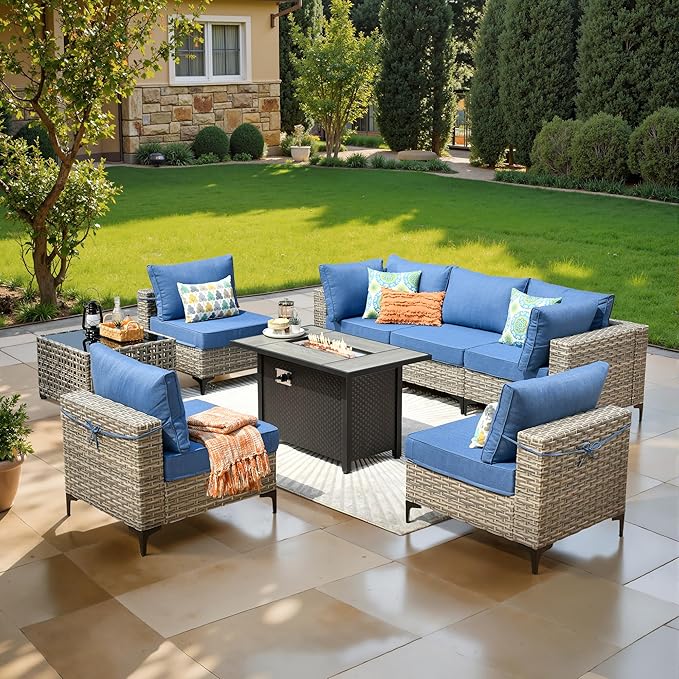 8 Pcs Patio Furniture with Fire Pit Table, Outdoor Rattan Wicker Conversation Set with Glowing Coffee Table, Comfy Sectional Sofa for Porch Balcony Backyard Pool, Light Blue