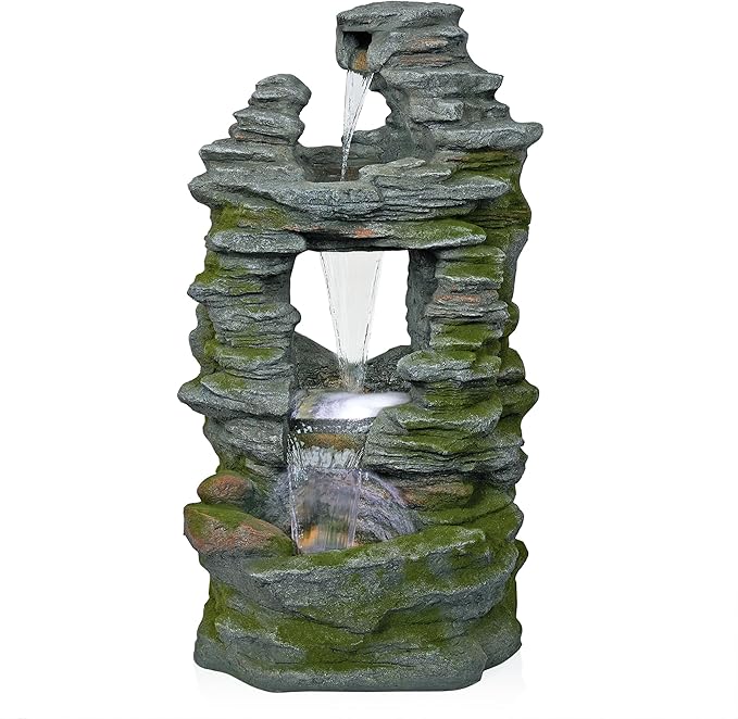 Alpine Corporation WIN1648 39" Stacked Stone Rainforest Fountain with Cool White LED Lights – Cascading Waterfall Feature for Garden, Patio, and Outdoor Décor
