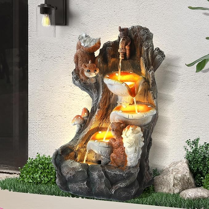 Outdoor Garden Water Fountain with Cascading Rock, 4-Tiers Fountains and Waterfalls with LED Lights,Indoor/Outdoor Morden Floor Standing Water Feature w/2 Squirrel Decor for Patio, Backyard