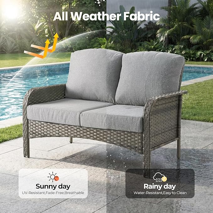 Weaxty 8 Pieces Outdoor Patio Furniture Sets with Swivel Rocking Patio Chairs and Loveseat Sofa,Coffee Table,All Weather Wicker Conversation Set for Deck Backyard Porch Poolside, Dark Gray