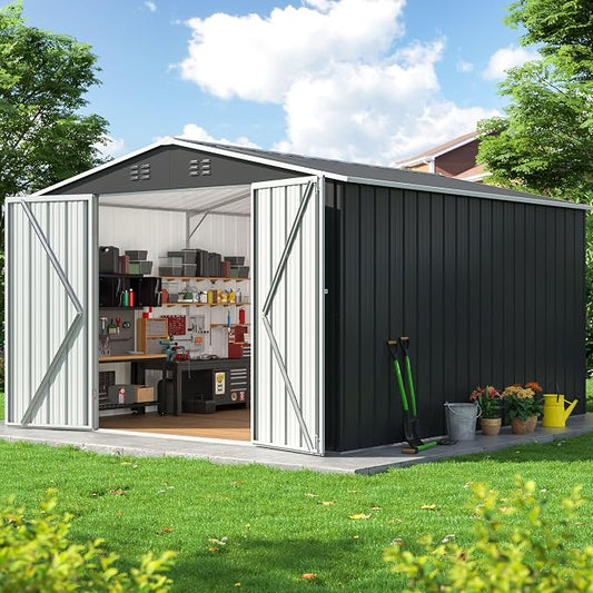 DAUSOLA 8.2x12 FT Outdoor Storage Shed, Metal Garden Tool Shed with Updated Frame Structure and Lockable Doors, Ideal for Backyard Garden Patio Lawn, Grey by DAUSOLA