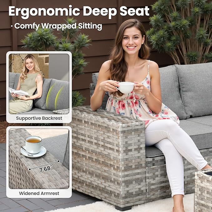 ovios 8 Pieces Patio Furniture Set, Outdoor Wicker Sectional Sofa with Swivel Chair Coffee Table, Modern Modular Deep Seat Rattan Couch Conversation Sets, Dark Grey