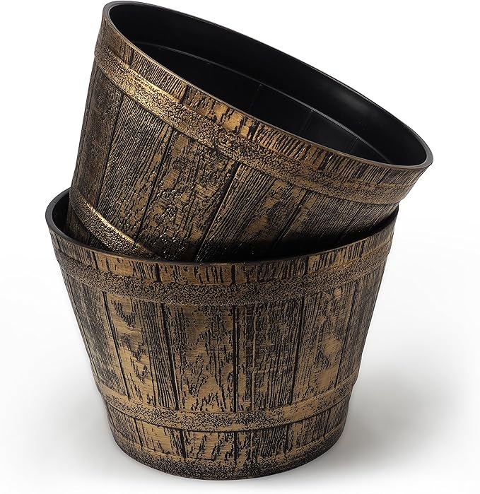 Sapphire Fancy Whiskey Barrel Set of 2 Victorian Rustic Look Flowerpots/Planters for Indoor Outdoor Garden Patio Office Home Decor Use (Gold-S)
