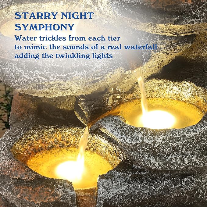 Outdoor Cascading Rock Water Fountain, 6-Tiers Fountains and Waterfalls with LED Lights, Indoor Freestanding Resin Waterfall Feature w/Pump for Patio, Garden, Backyard, Deck, Porch, Home Decor