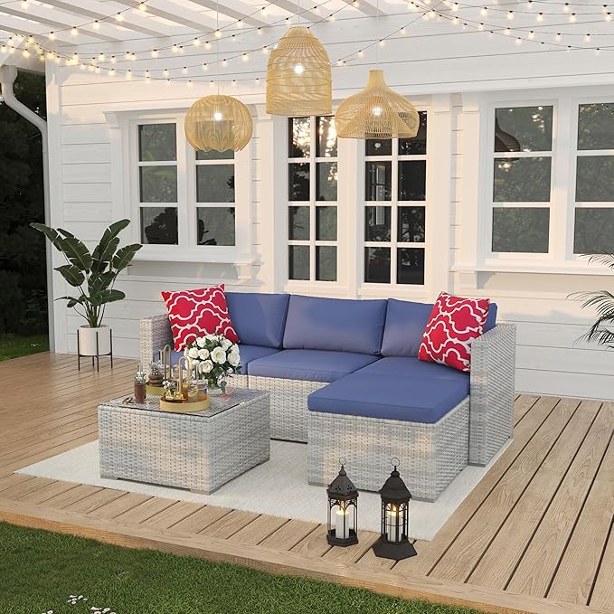 Garvee 5 Pieces Patio Furniture Set, Outdoor Glass Table and Cushions with Rattan Wicker Chairs, Patio Furniture Set for Porch, Balcony, Backyard, Garden, Gray & Blue