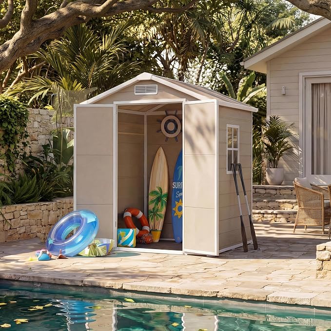 Resin Outdoor Storage Sheds 4x6 ft, Upgraded Double-Wall Outdoor Plastic Shed with Window & Double Doors, Waterproof Lockable Garden Shed (Light Brown, 6 X 4 ft) - Image 8
