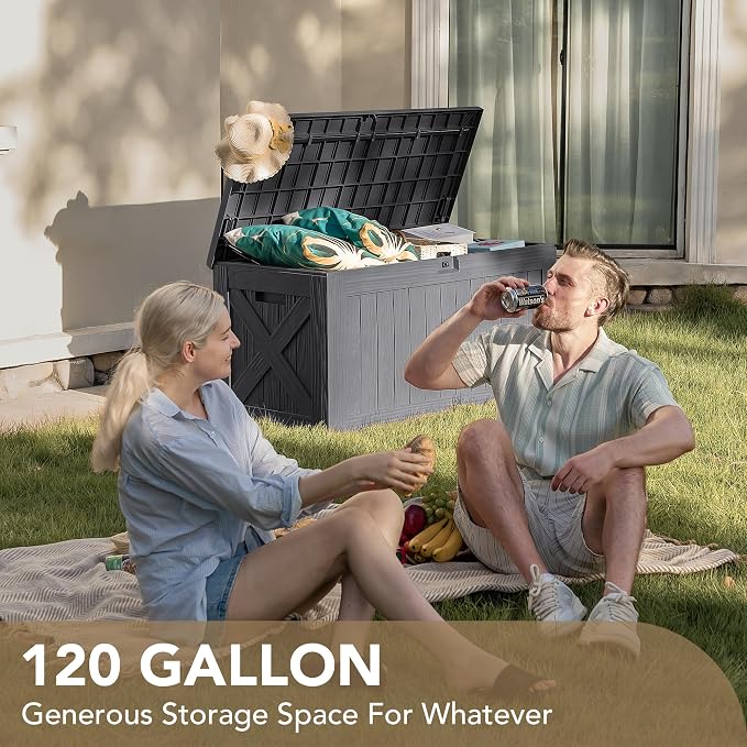 Devoko 120 Gallon Deck Box Resin Outdoor Storage Box Waterproof for Patio, Large Outdoor Storage Bench Lockable for Outside (Grey) - Image 3