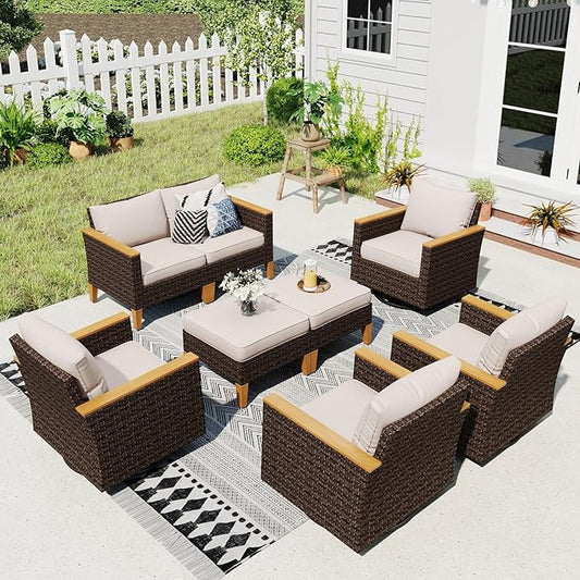 Sophia & William Patio Furniture Set with Swivel Chairs, 8 Piece Outdoor Sectional Furniture Wicker Modular Sofa Couch, Conversation Set for Deck Backyard Lawn, Beige