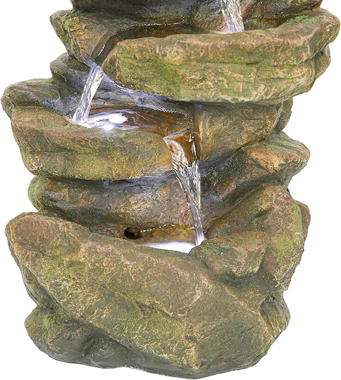 Alpine Corporation 20" H Outdoor Multi-Level Rock Floor Fountain with LED Lights, Brown