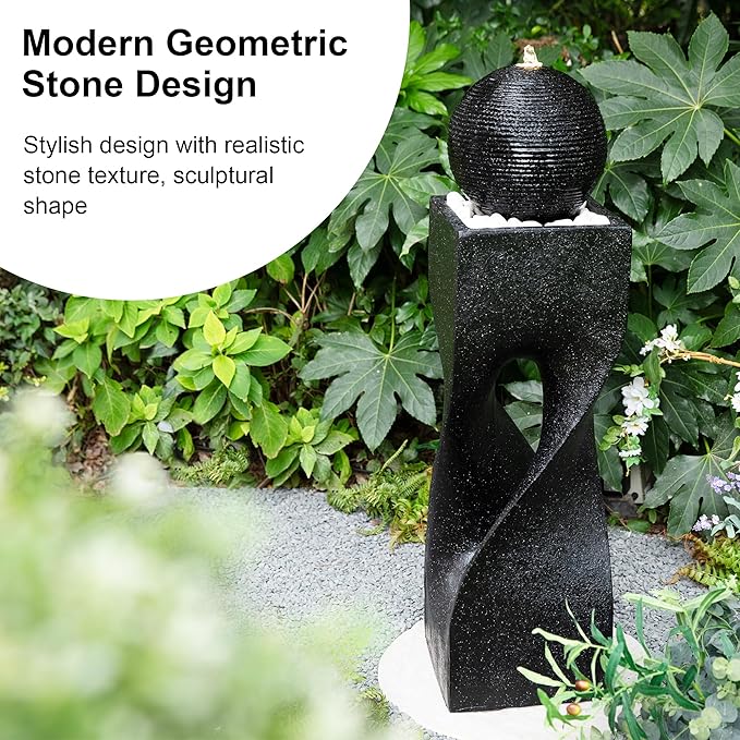 Glitzhome Water Fountain Outdoor, Outdoor Fountain with Lights, 40.5" H Modern Large Geometric Pedestal and Sphere Polyresin Outdoor Water Feature with Pump for Garden, Patio, Backyard, Porch (Black)