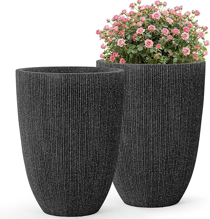 19" Concrete-Style Tall Round Planters for Indoor Outdoor Plants, Set of 2 Decorative Fluted Large Flower Pot, UV-Resistant Top-Tier Resin Planters for Garden Patio Porch Home Office Decor
