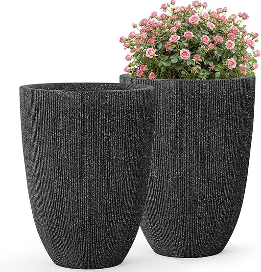 19" Concrete-Style Tall Round Planters for Indoor Outdoor Plants, Set of 2 Decorative Fluted Large Flower Pot, UV-Resistant Top-Tier Resin Planters for Garden Patio Porch Home Office Decor