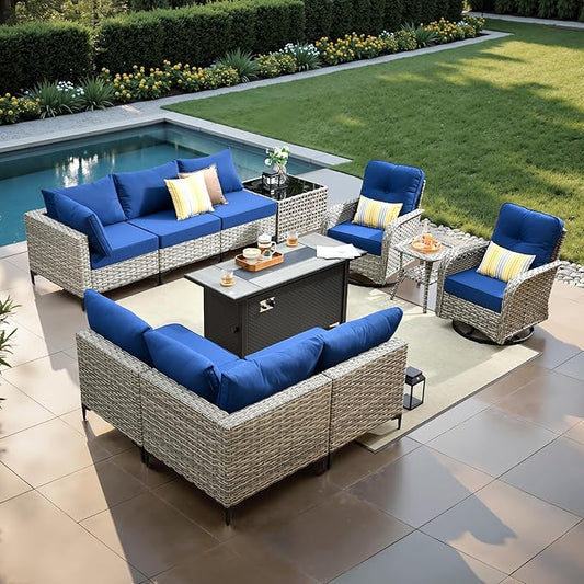 11 Pcs Patio Furniture with Fire Pit Table, Outdoor Rattan Wicker Conversation Set with Glowing Coffee Table, Comfy Sectional Sofa for Porch Balcony Backyard Pool, Blue