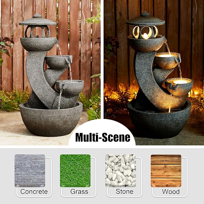 Glitzhome Pagoda Outdoor Water Fountain with LED Light, 4-Tier Oversized Cascading Stacked Stone Waterfall Fountains, Natural Stone Look Outdoor Fountain for Garden Patio Porch, 32”H