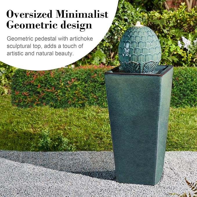 Glitzhome 35.75" H Tall Ceramic Outdoor Water Fountain with LED Light Oversized Artichoke Pedestal Fountains with Submersible Pump Patio Fountain Waterfall for Garden Patio Deck Porch, Turquoise