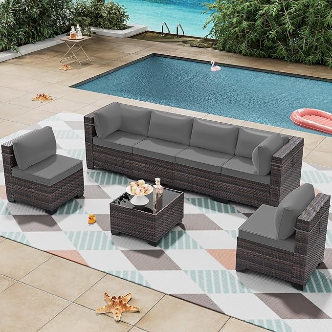 7 Pieces Outdoor Patio Furniture Set,Outdoor Sectional Furniture All Weather PE Rattan Wicker Patio Conversation Set with Coffee Table and 6 Thickened Cushions,Grey