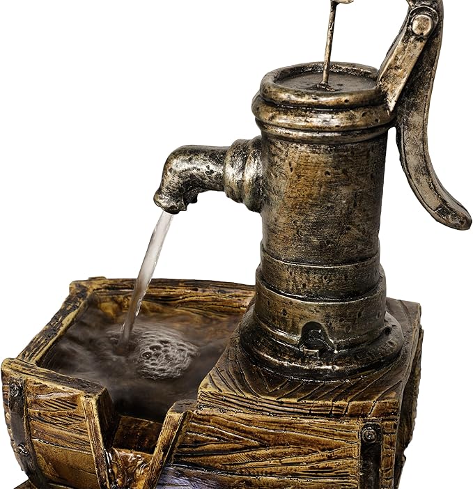 Alpine Corporation WIN826 14” Vintage Water Pump Tabletop Fountain with 2-Tiered Barrel Design & LED Lights – Decorative Indoor Water Feature for Home & Office, Brown