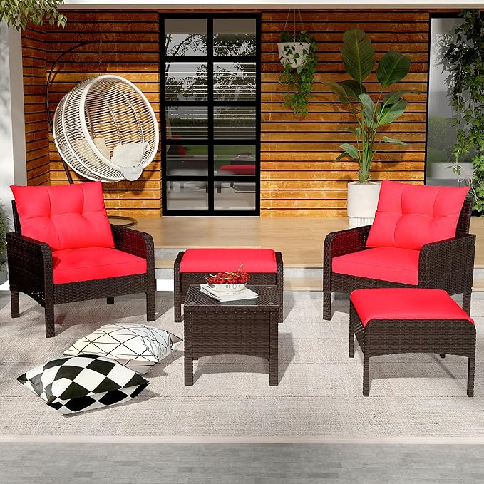 U-MAX Outdoor 5 Pieces Patio Furniture Set, PE Rattan Wicker Chairs with Ottoman and Table, Bistro Set for Front Porch, Garden, Backyard, Balcony, Brown/Red