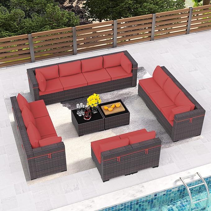 14 Pieces Outdoor Patio Furniture Set,Outdoor Sectional Furniture All Weather PE Rattan Wicker Patio Conversation Set with 2 Coffee Tables and 12 Thickened Cushions,Red