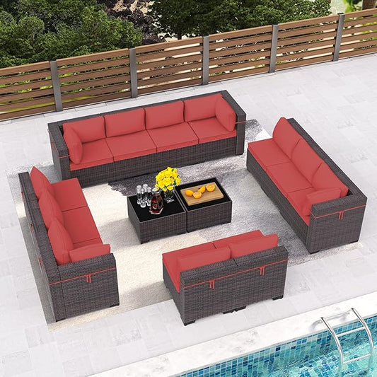 14 Pieces Outdoor Patio Furniture Set,Outdoor Sectional Furniture All Weather PE Rattan Wicker Patio Conversation Set with 2 Coffee Tables and 12 Thickened Cushions,Red