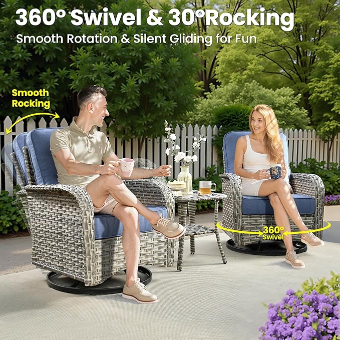 ovios 8-Piece Patio Furniture Set with L-Shape Sofa Chaise, Outdoor Sectional Couch Swivel Gliders Fire Pit Table, Modern Modular Wicker Rattan Conversation Set, Denim Blue