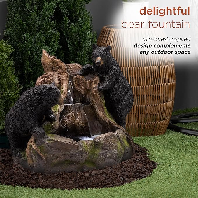 Alpine Corporation GXT252 24" Outdoor Floor Bears Climbing Fountain with LED Lights, Playful Bears Garden Water Feature, Cascading Waterfall for Backyard & Patio Décor, Brown/Black