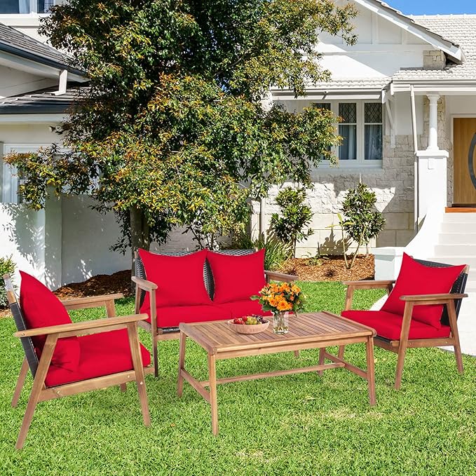 Tangkula 4-Piece Patio Furniture Set, Outdoor Acacia Wood Conversation Set with Cushions and Coffee Table, Outdoor PE Wicker Sectional Sofa Set for Garden, Poolside and Backyard (1, Red)