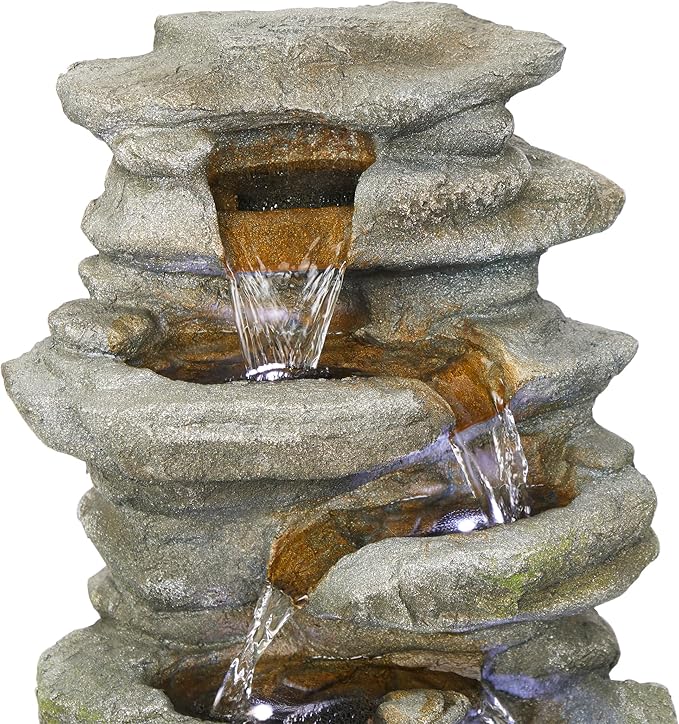 Alpine Corporation 24" H Outdoor Waterfall Floor Fountain with White LED Lights, Gray