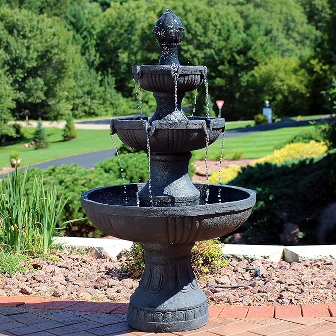 Sunnydaze Flower Blossom 43" Tiered Outdoor Water Fountain - 3-Tiered Outdoor Fountain for Garden, Patio, or Backyard - Black Finish