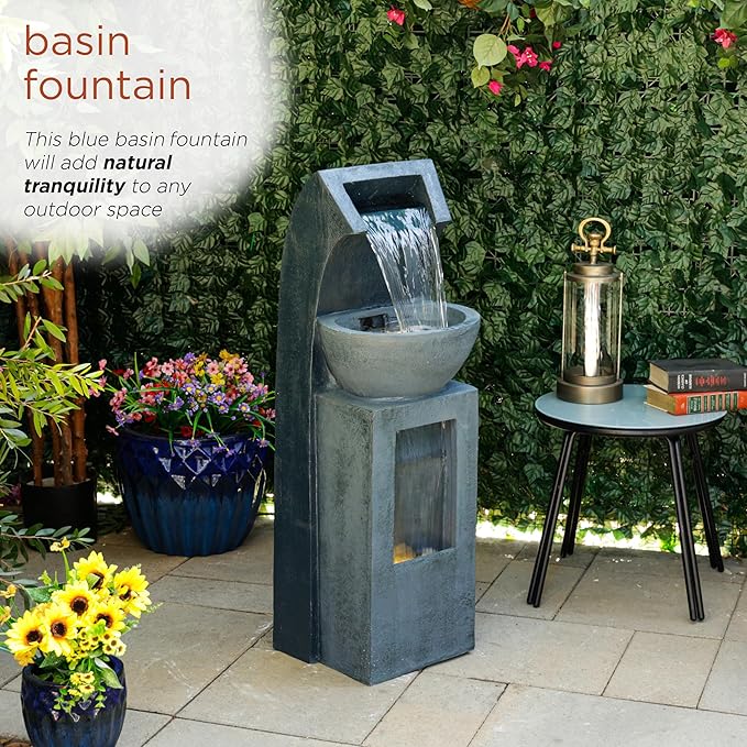 Alpine Corporation 41" Tall Outdoor Basin Waterfall Floor Fountain with LED Lights for Garden, Patio, Lawn and Backyard Decor, Gray