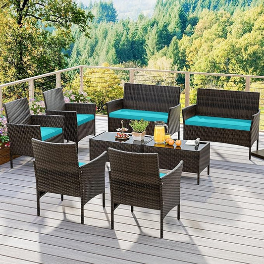 KOTEK 8 Piece Patio Furniture Set, Outdoor Rattan Conversation Set with Loveseat, Wicker Chairs, Tempered Glass Coffee Table, Wicker Patio Set for Backyard, Porch (Turquoise)