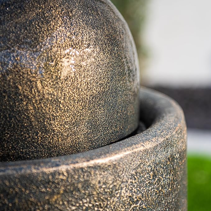 XBrand 26" Modern Sphere Water Fountain with LED Light – Indoor Outdoor Stone Texture Floor Fountain, Zen Bubbling Ball Water Feature for Garden Patio Porch - Bronze