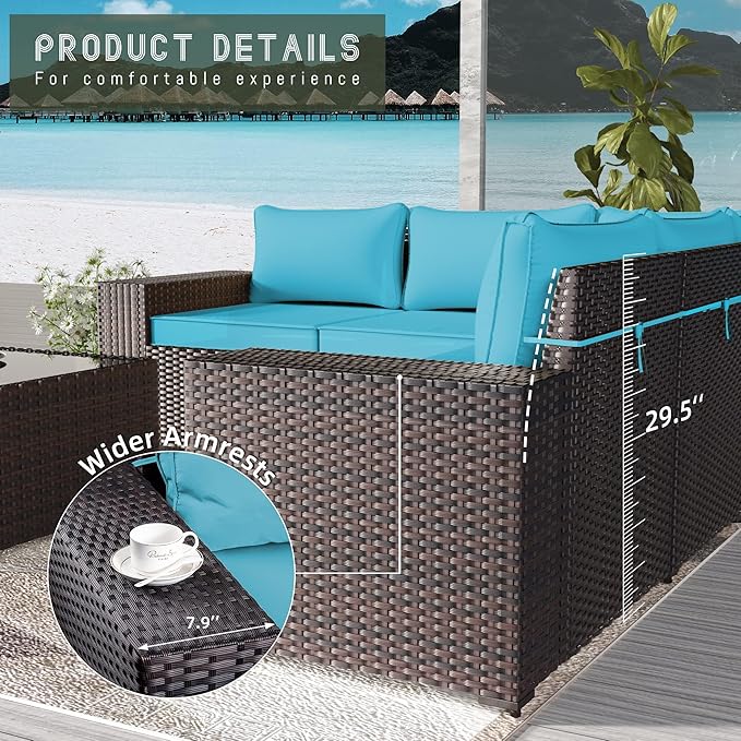7 PCS Outdoor Patio Furniture Set,Outdoor Sectional Furniture with 43" 55000 BTU Gas Propane Fire Pit Table,All Weather PE Rattan Wicker Patio Conversation Set,Turquoise Blue