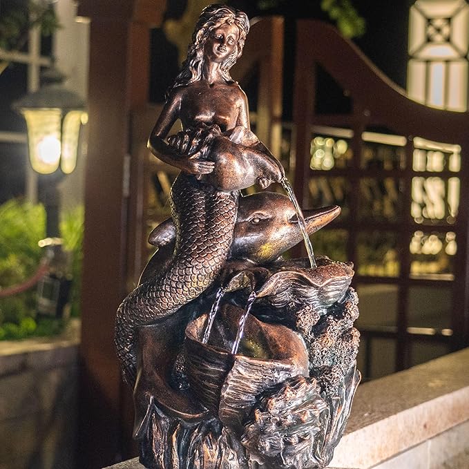 TERESA'S COLLECTIONS 21" Large Mermaid Water Fountains Outdoor with LED Light Auto Slient Pump, Water Features for Yards Patio Garden Balcony Porch, Mermaid Garden Gifts for Mom