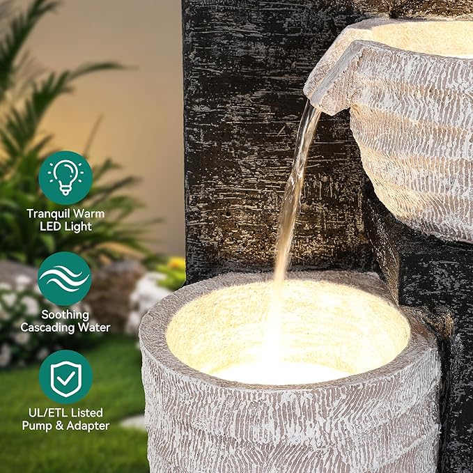 40" H Outdoor Water Fountain with LED Lights & Pump, Multilayer Cascading Polyresin Fountain, Sand-Textured Freestanding Garden Fountain for Tranquil Garden, Patio or Porch