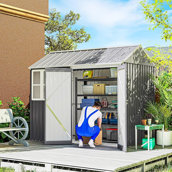 Outsunny 8' x 5.5' Outdoor Storage Shed, Metal Garden Shed with Window & Double Lockable Door, Outdoor Tool Shed Storage with Sloped Roof for Backyard, Patio, Garage, Lawn, Gray by Outsunny