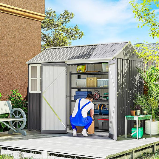 Outsunny 8' x 5.5' Outdoor Storage Shed, Metal Garden Shed with Window & Double Lockable Door, Outdoor Tool Shed Storage with Sloped Roof for Backyard, Patio, Garage, Lawn, Gray by Outsunny