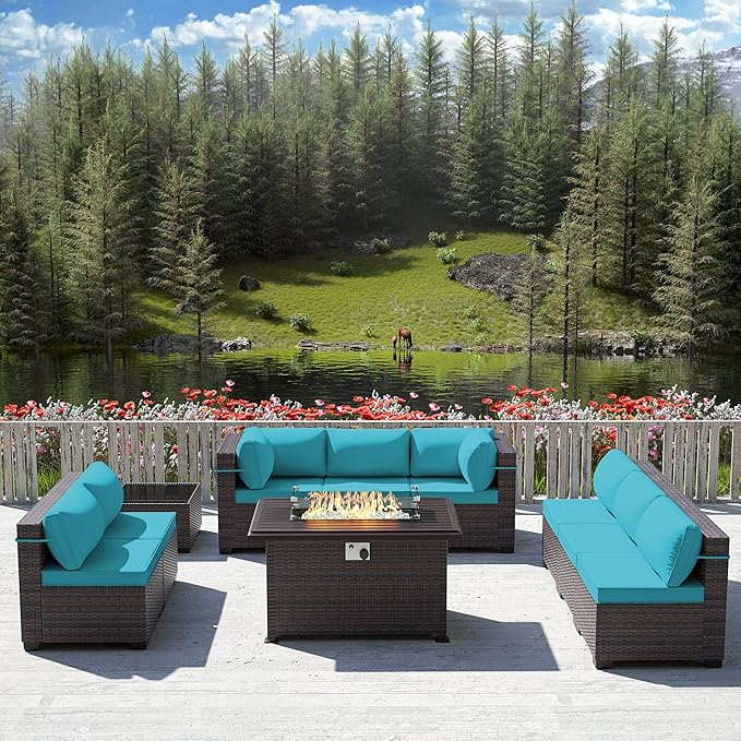 10 Pieces Outdoor Patio Furniture Set,Outdoor Sectional Furniture with 43" 55000 BTU Gas Propane Fire Pit Table,All Weather PE Rattan Wicker Patio Conversation Set,Turquoise Blue