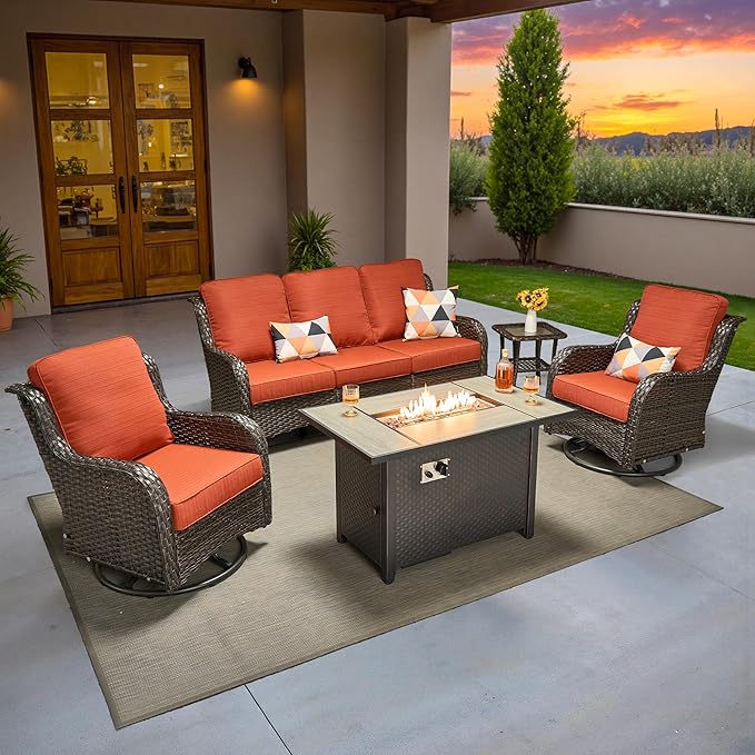 ovios 5-Piece Patio Furniture Set with Swivel Chairs Coffee Table, Outdoor Wicker Sofa with 42" Fire Pit Table, High Back Couch Modern Conversation Sets, Brown/Orange Red