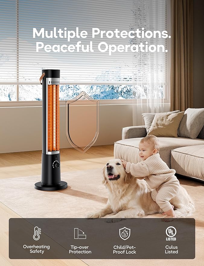 Patio Heater for Outdoor Use, Infrared Electric Outdoor Heater, 1500W Instant Heating, 60-Degree Oscillation, 9 Heat Levels, 9H Timer, Remote, for Garage, Backyard, Indoor, 32.2”, Jet