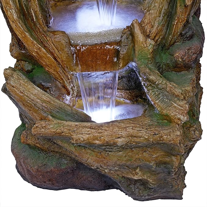 Alpine Corporation 40" Tall Open Tree Trunk Floor Fountain with Cool White LED Lights, Tiered Garden Decor, Brown