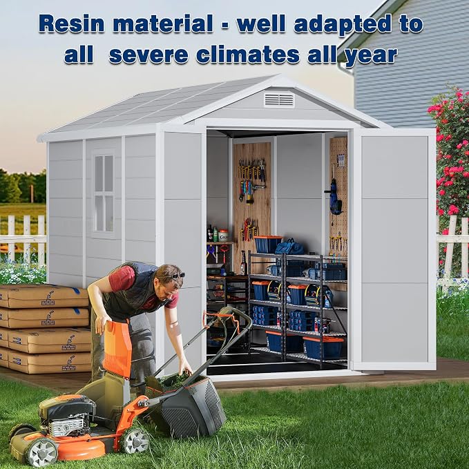8.7x5.5 FT Outdoor Resin Storage Shed with Floor, All-Weather Plastic Garden Shed with Lockable Door & Windows, Waterproof Outside Tool Sheds for Backyard, Patio, Lawn, Tools Storage - Gray - Image 4
