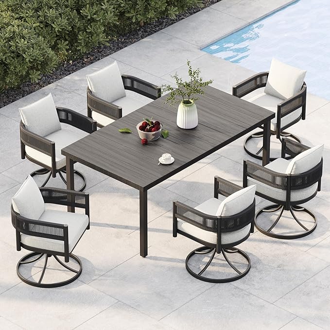 Grand patio 7 PCS Outdoor Dining Set, Patio Table and Chairs Set for 6, Metal Woven Wicker Swivel Patio Chairs with Thickened Cushions & 1 Rectangular Woodgrain Dining Table with Umbrella Hole (Black) by GrandPatio