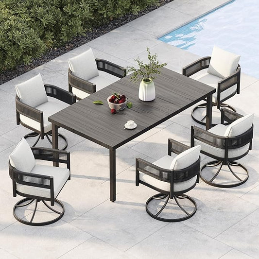 Grand patio 7 PCS Outdoor Dining Set, Patio Table and Chairs Set for 6, Metal Woven Wicker Swivel Patio Chairs with Thickened Cushions & 1 Rectangular Woodgrain Dining Table with Umbrella Hole (Black) by GrandPatio